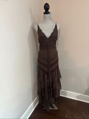 Vintage Nina Austin 100% Silk Brown Layered Lace-Trim Slip Dress size medium